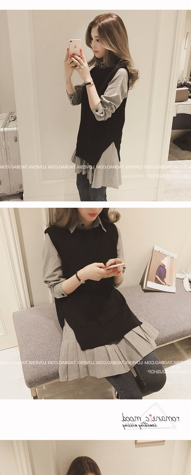 Áo sơ mi nữ 2019 mới sang trọng mùa xuân sọc áo sơ mi dài tay dệt kim vest vest hai mảnh áo sơ mi kaki