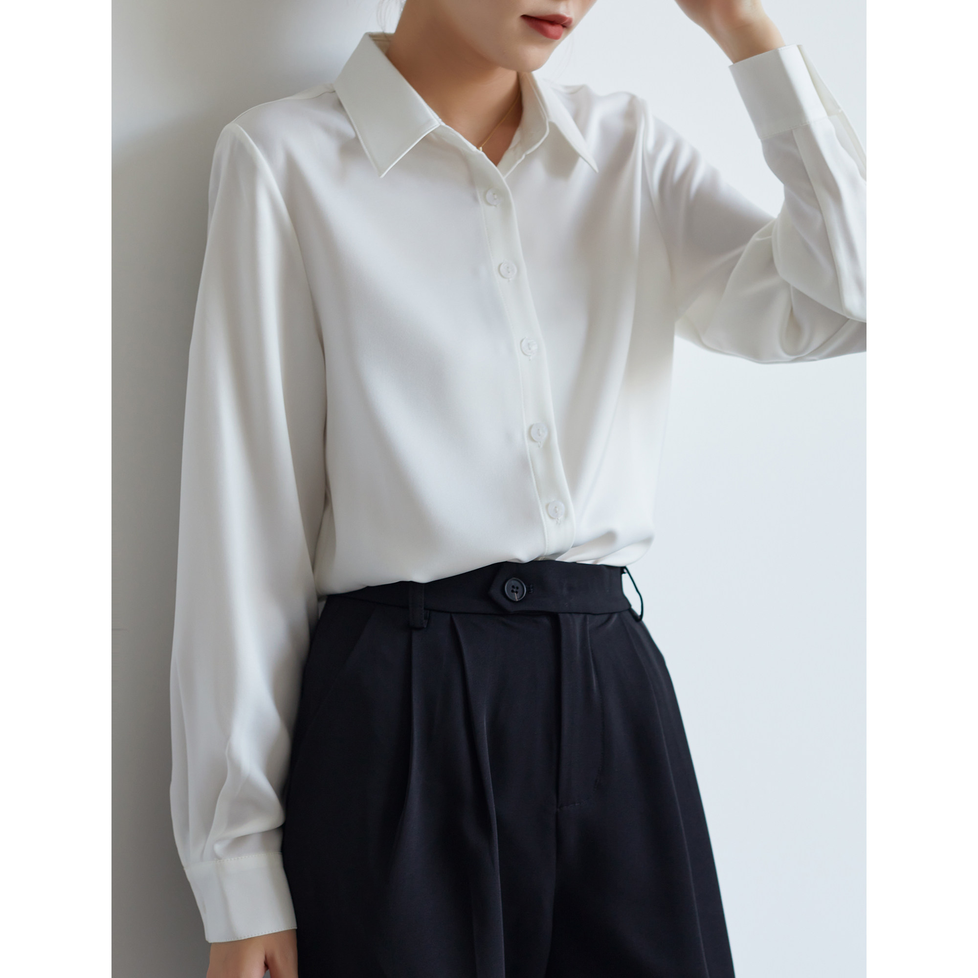 S AUTUMN white basic satin collar shirt women's professional commuting all-match long-sleeved shirt spring