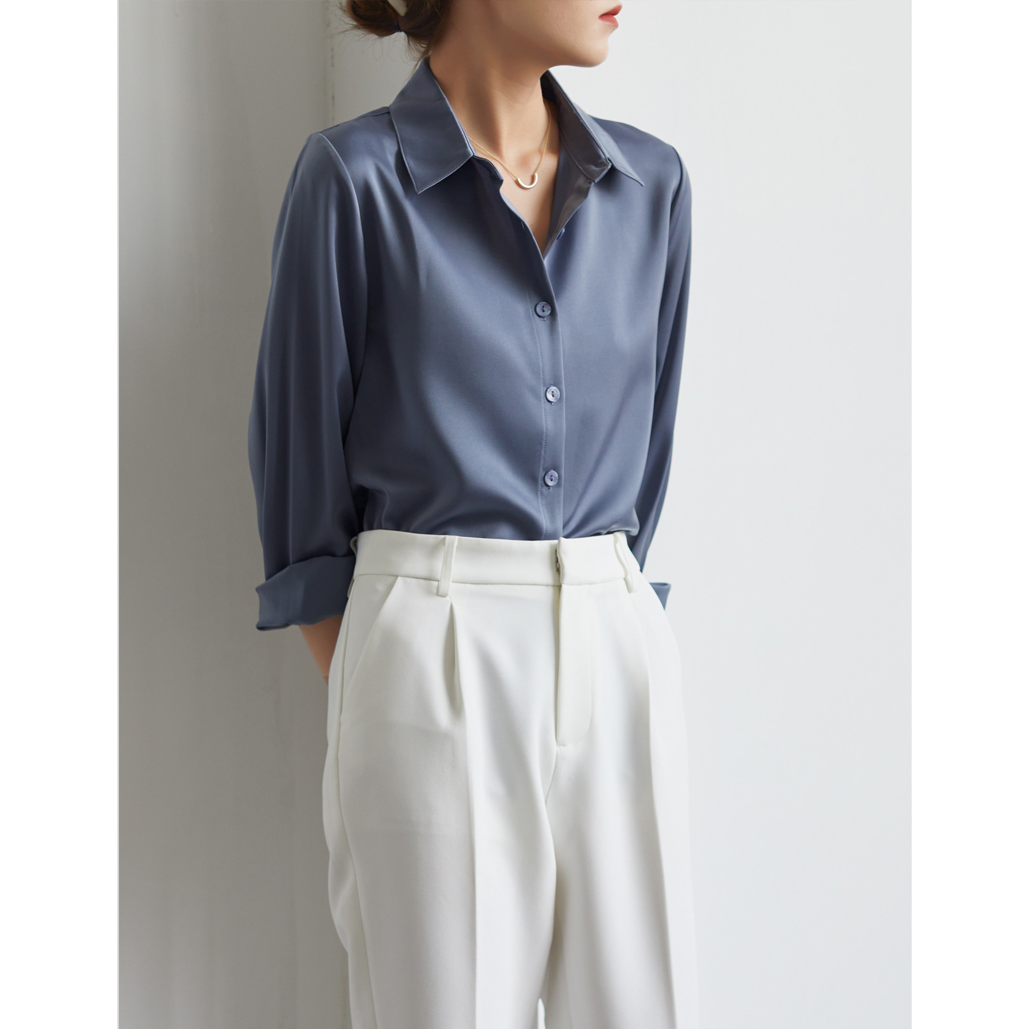 S AUTUMN gray-blue straight satin basic stand collar long-sleeved shirt women's professional commuting loose shirt autumn