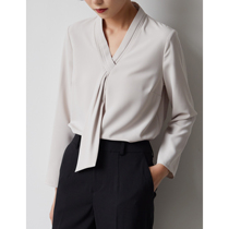 S AUTUMN apricot v collar floating with snow-spinning shirt female pro ol commuter sleeve head long sleeve light cooked blouse spring