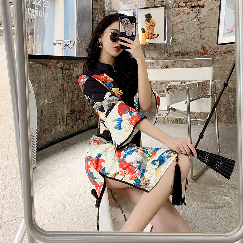 Long cheongsam, fashionable ethnic dress, mid-length, Chinese style, ethnic style Long cheongsam, fashionable ethnic dress, mid-length, Chinese style, ethnic style