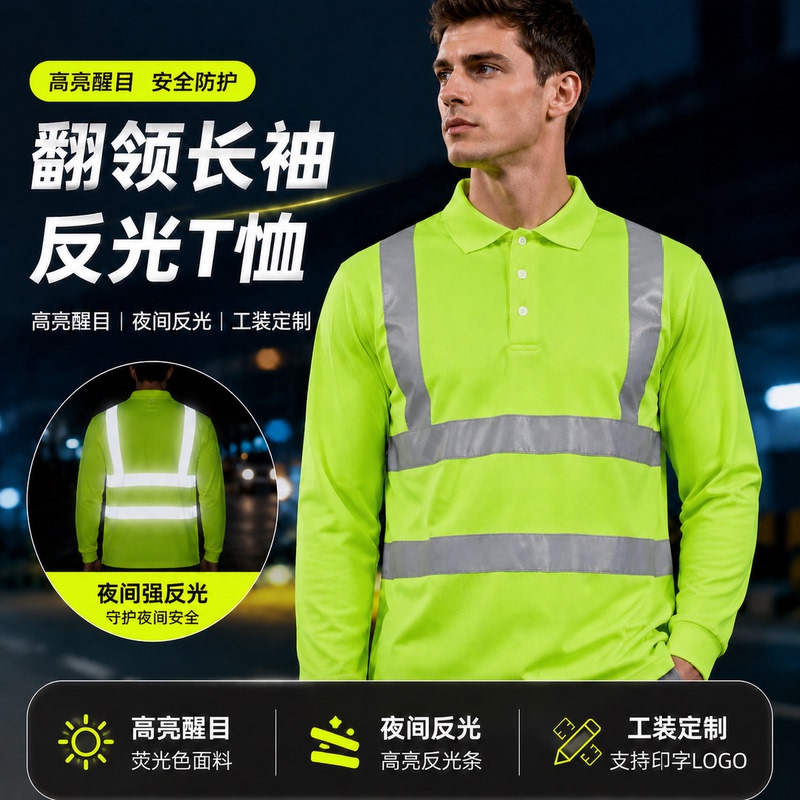 Engineering Safety Officer Reflective Long-Sleeved Top, Spring and Autumn Style, Mesh Breathable, Road Repair High-Visibility Reflective Polo Shirt