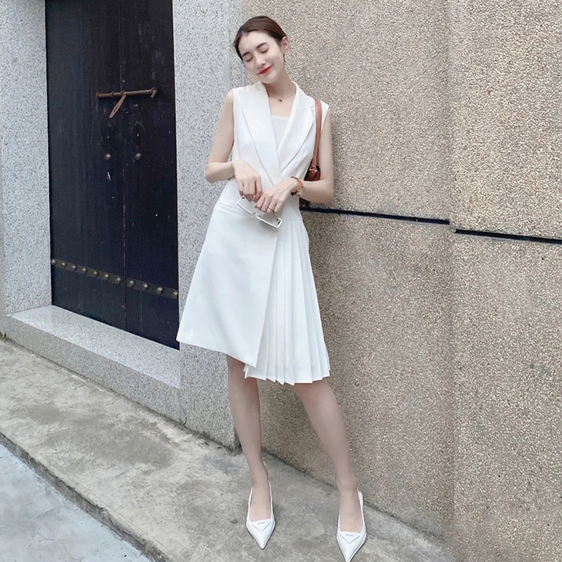 Summer new white double-breasted professional OL solid color pleated dress temperament waist waist slim mid-length suit skirt