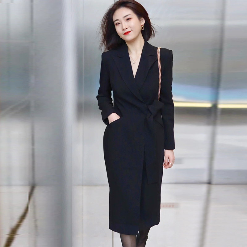 2022 autumn and winter high-end boutique black suit collar ol commuter dress fashion elegant slim slim suit skirt