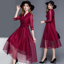 Long-sleeved dress autumn 2021 new v-neck temperament high-end thin mesh knee-high spring and autumn red skirt