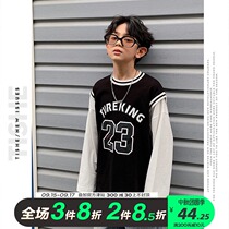 Boys T-shirt long sleeve spring and autumn sportswear large childrens loose basketball uniform cotton t foreign fake two pieces of fried Street