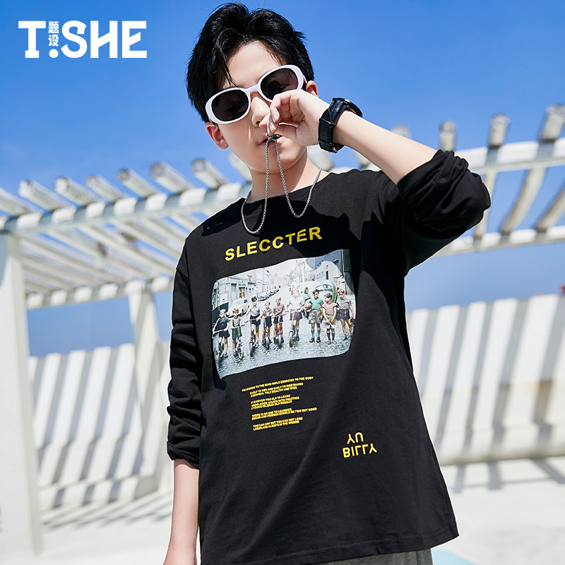 Boys dài sleevet t-shirt cotton 2020 mùa xuân mới váy trong cậu bé lớn 13 tuổi xuân cậu bé áo khoác và mùa thu Hàn Quốc phiên bản của thủy triều lớn mã.