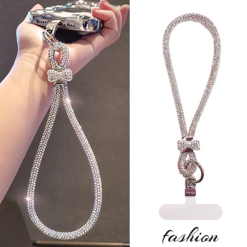 Short Phone Lanyard with Rhinestone Wrist Strap, Chanel-Style Goddess Sparkling Diamond Rotating Head Clip, Durable Outdoor Case