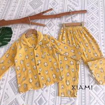 Shrimp rice cat crumbled double layer pure cotton cotton cloth Home Jacket Collar Long Sleeve Long Pants Suit pro-skin and breathable