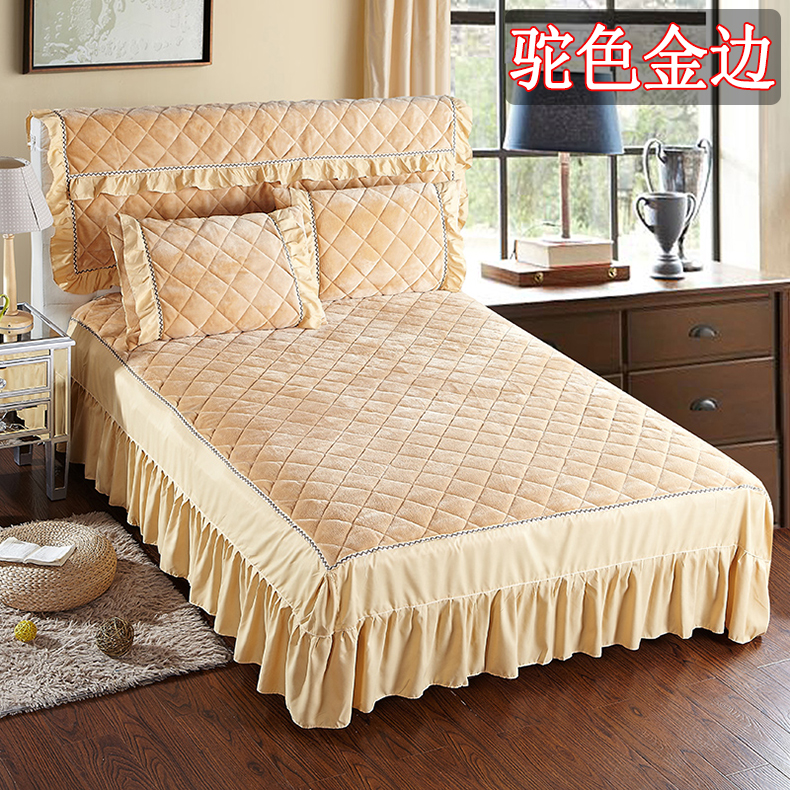 Váy ngủ dày ba mảnh trải giường flannel trải giường 1,8m1,5 m 2.0m nhung san hô cộng với ga trải giường cotton đơn ga giường viền ren