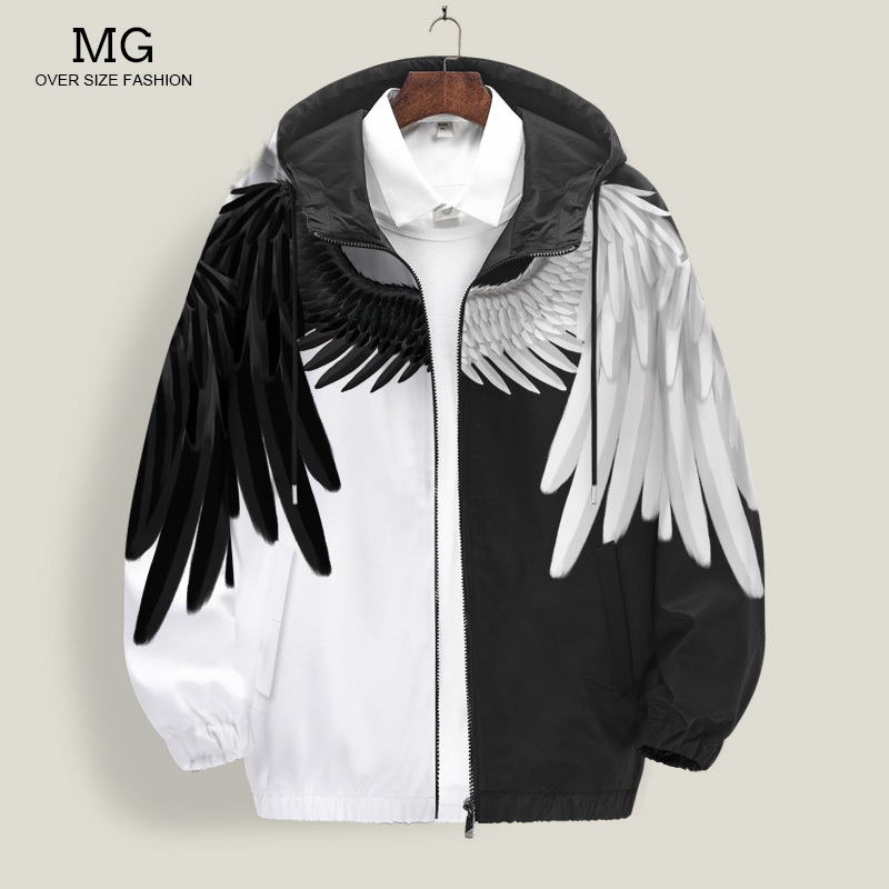 Feather Wing Pattern Jacket Men's Hooded Oversized Jacket Casual Trendy Cardigan Top Thin Spring Clothing