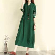 Spring and Autumn new ethnic style large size embroidered cotton linen dress female art retro loose thin linen Medium-length dress