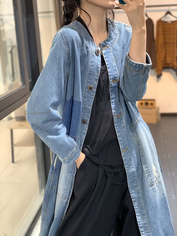 Retro Literary Distressed Denim Jacket for Women Spring 2024 New Loose Age-Reducing Mid-Length Casual Cardigan Windbreaker