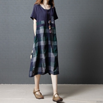 2021 fat mm summer new vintage plaid size cotton linen dress long loose short sleeve linen skirt