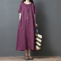 Summer dress new retro loose linen Medium-length dress fat mm art thin short sleeve solid color size cotton linen dress