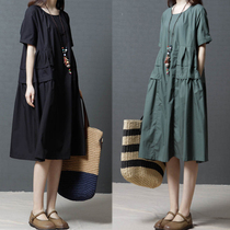 Summer dress new fat mm large size retro literary short sleeve cotton linen dress women loose thin long linen skirt