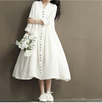 2021 Spring New Forest literary retro long solid color bat sleeve size loose cotton linen long sleeve dress