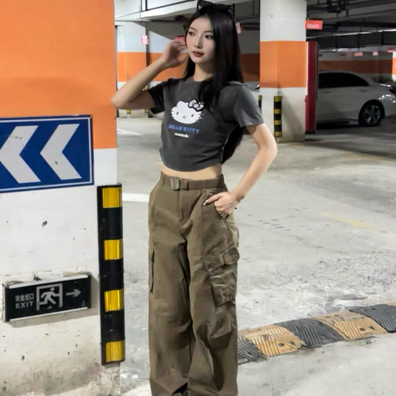 Cute and Cool】Original Khaki Hello Kitty Urban Functional Style Street Style Straight-Leg Cargo Pants