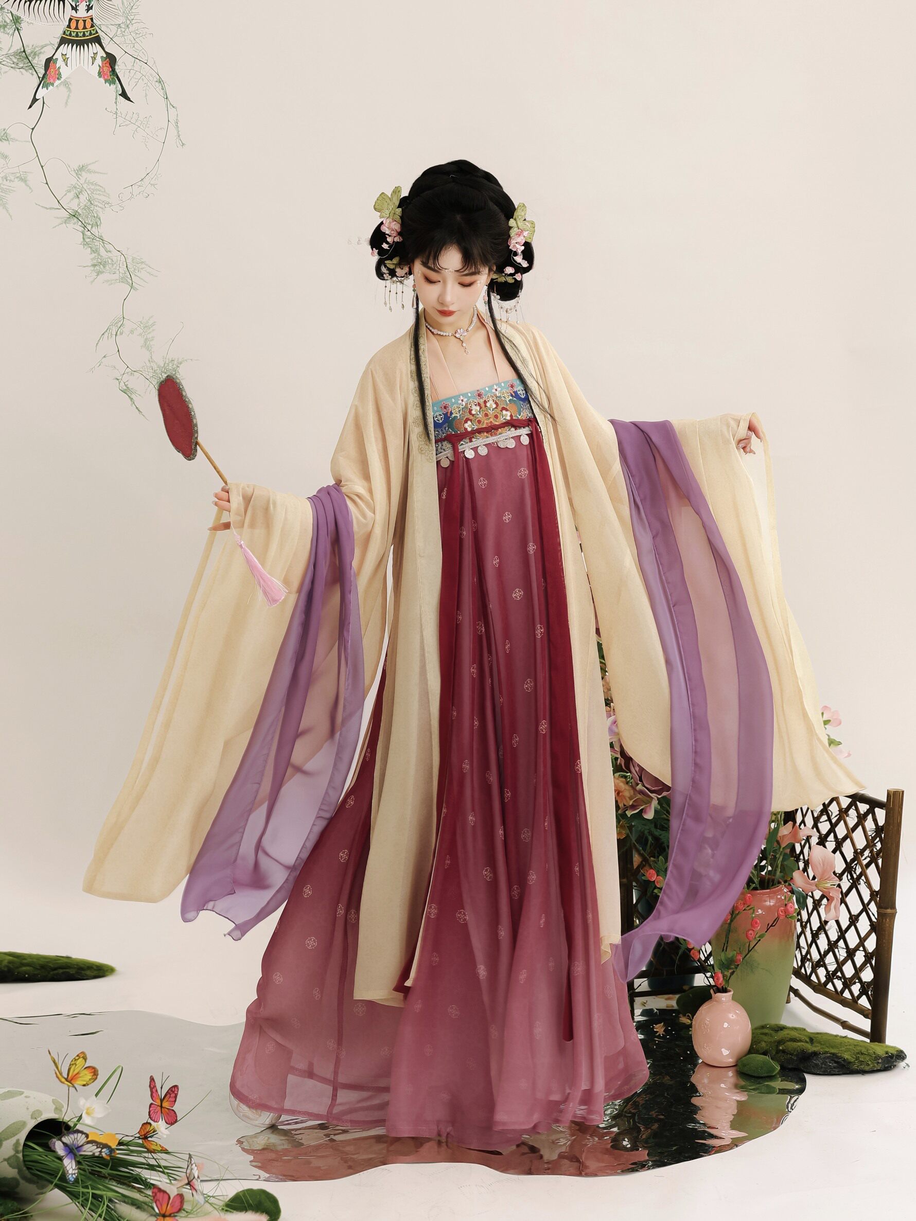 Китайцы одежда наборы 风来榕下原创繁花夜宴唐制汉服女复原齐胸破裙对襟上衣大袖衫刺绣