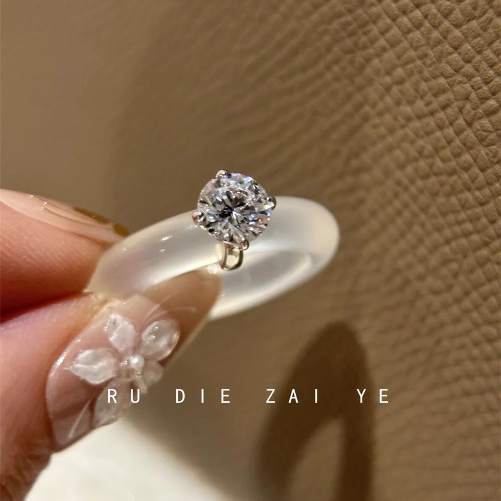 Kuning Plain Jade Brings Light ~ New Chinese Style White Chalcedony Zircon Ring Classic Round Diamond Light Luxurious and High-end Ring