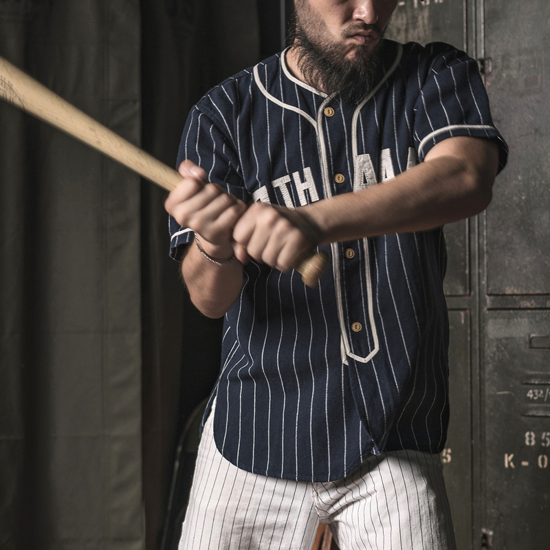 Bad Dog Bronson Old Era Major League Short Sleeve Baseball Shirt Men's Retro Blue Striped Cotton Linen Shirt