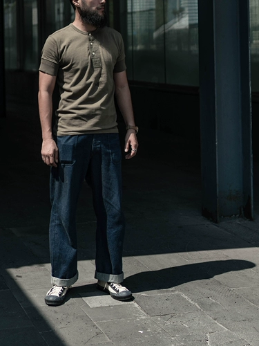 Bad Dog BRONSON, американская винтажная футболка с короткими рукавами и воротником Генри, мужская футболка из двойной пряжи из чистого хлопка, рубашка цвета хаки с половиной рукавов