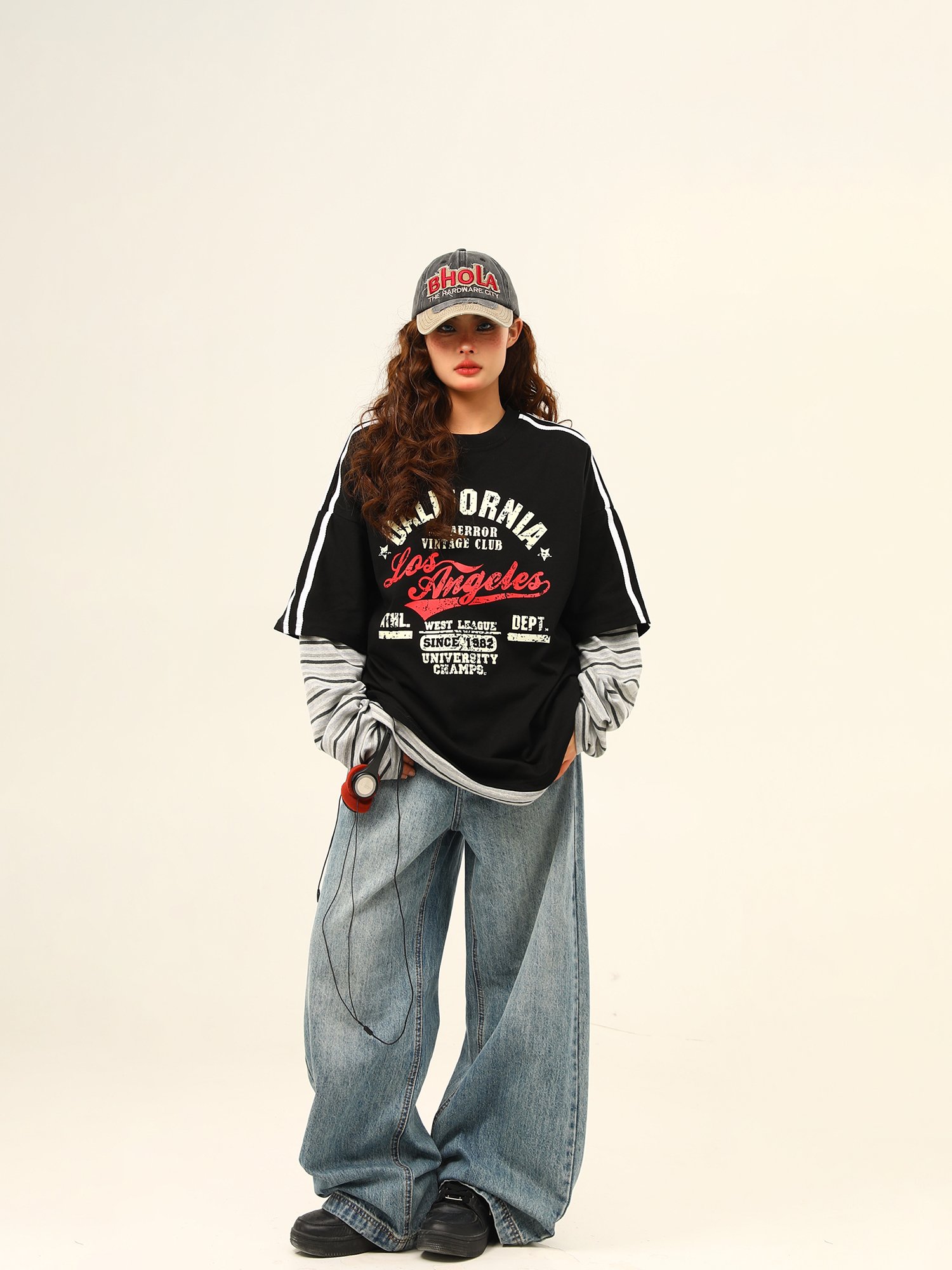 Wild Azi American Style Patchwork Color-Block Lässiger, lockerer Druck Zweiteiliges Langarm-T-Shirt mit Rundhalsausschnitt für Damen_voghion.com