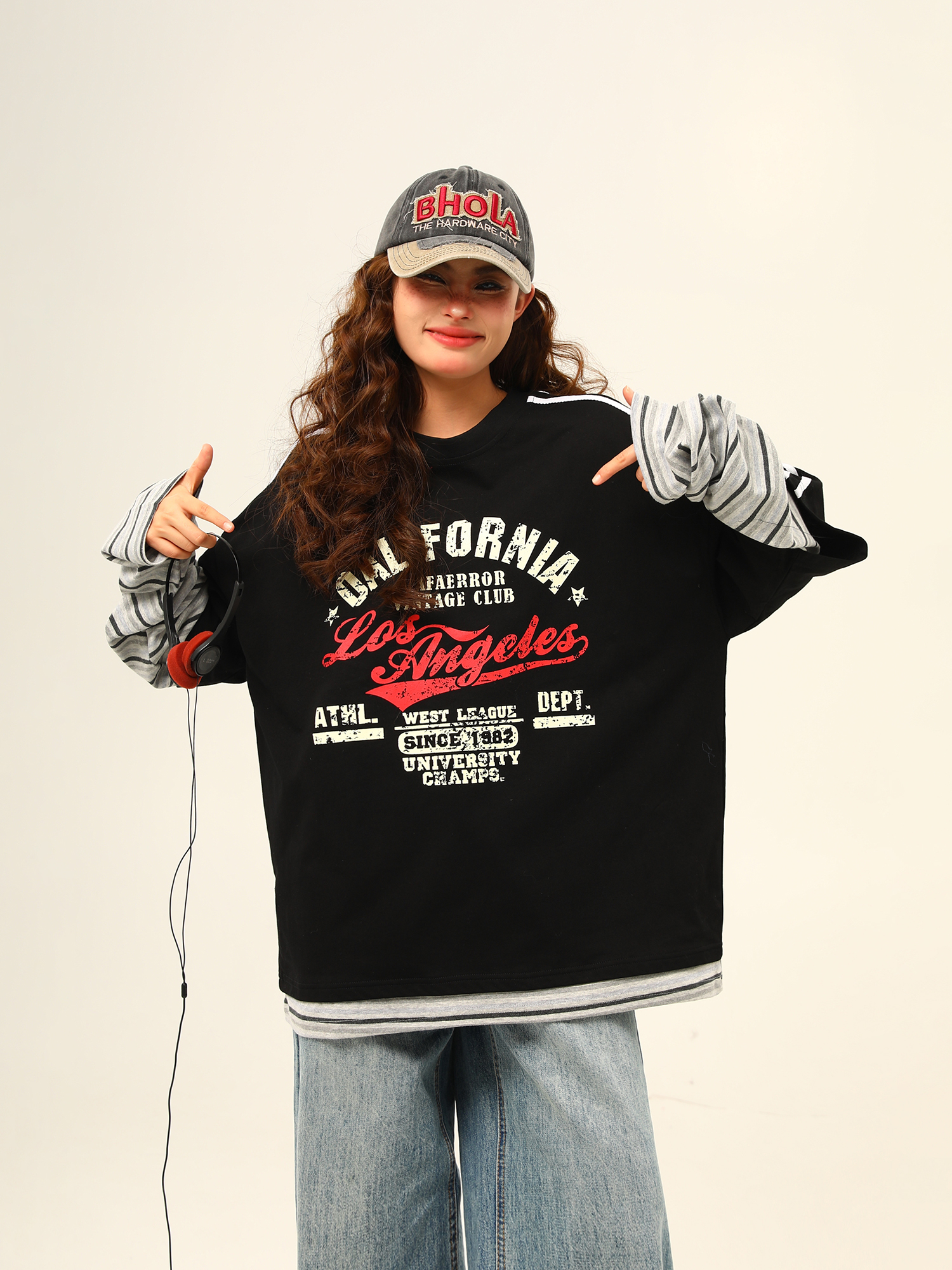 Wild Azi American Style Patchwork Color-Block Lässiger, lockerer Druck Zweiteiliges Langarm-T-Shirt mit Rundhalsausschnitt für Damen_voghion.com