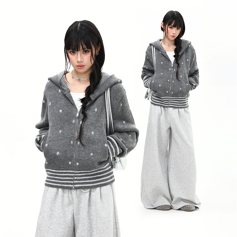 Wild Azi Light Yaga Polka Dot Print Striped Hooded Knit Sweater for Women, New Autumn Vintage Sweater Jacket