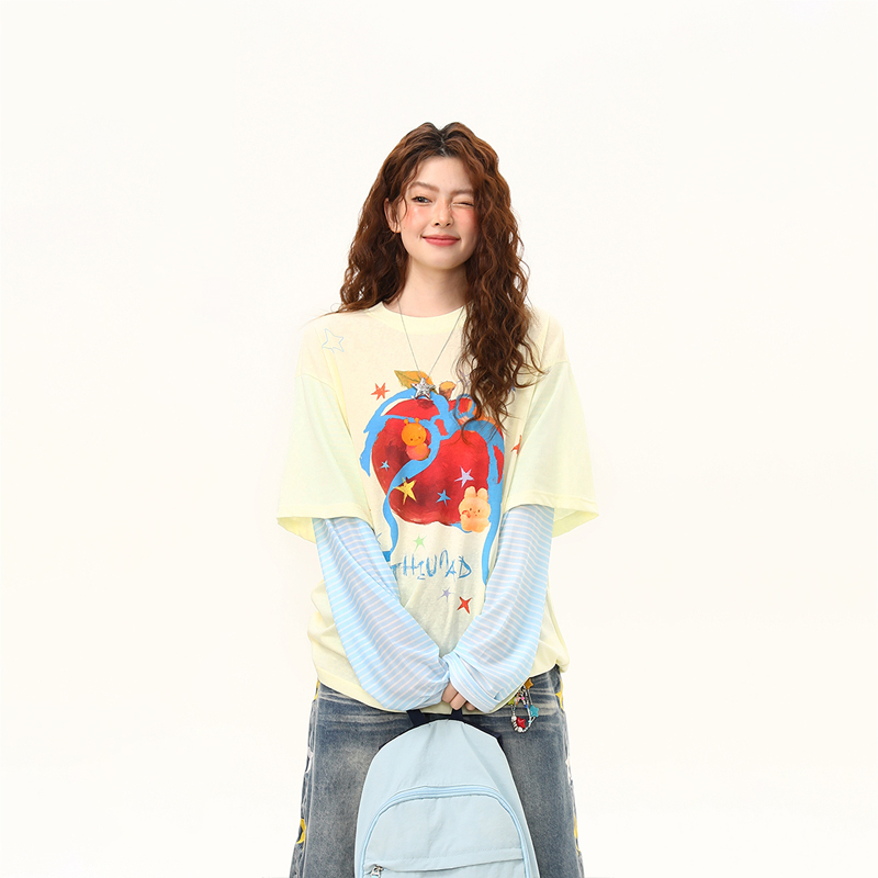 Wild Azi American Retro Graffiti Print Fake Two-Piece Long-Sleeve T-Shirt for Women, Summer Thin Sun-Protective Cover-Up, Trendy Women's Top
