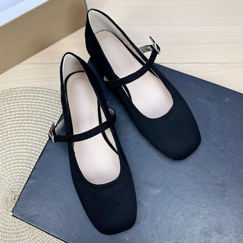 Suede square toe shallow mouth one-tie flat-bottomed mary jane shoes