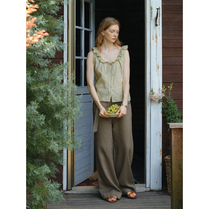 Clean Sense 100% Natural Linen Straight-Leg Pants with Belt, Casual Pants, Botanical Style Outfit Clean Sense 100% Natural Linen Straight-Leg Pants with Belt, Casual Pants, Botanical Style Outfit