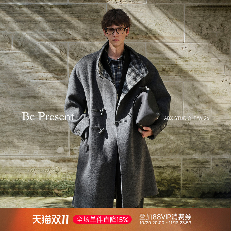 Abx 850g 10% Camel Wool Double-Sided Woolen Fabric Winter Toggle Button Mid-Length Plaid Coat Men's Jacket