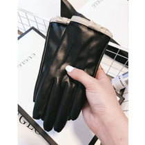 Leather gloves womens autumn and winter Korean style cute bow plus velvet thickened warm riding touch screen driving thin touch screen