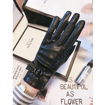 Leather gloves female winter cute hand repair bow plus velvet thickened warm cold-proof cycling touch screen driving thin new