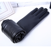 Leather gloves autumn and winter mens and womens touch screen long plus velvet thickened performance long tube long arm over elbow thin drive
