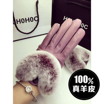 Leather gloves female winter warm cute real Rex rabbit hair plus velvet thickened touch screen cycling driving sheepskin Korean version thin