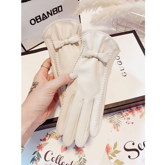 Sheepskin Gloves for Women, Winter Touchscreen Gloves, Autumn and Winter Korean Style, Cute Bowknot, Fleece-Lined, Warm, Cold-Proof, Driving, Motorcycle, Genuine Leather