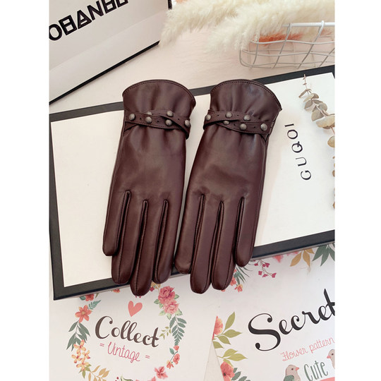 Sheepskin Gloves for Women, Autumn and Winter, Touchscreen, Thin Style, Driving, Fleece-Lined, Thickened, Cold-Proof, Warm, Cycling, Cute, Genuine Leather, Hand-Friendly