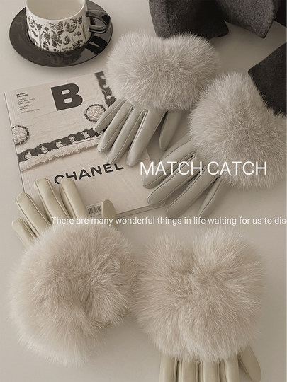 Genuine Leather Gloves for Women, Autumn and Winter, Sheepskin with Fleece, Touchscreen, Windproof, Cold-Resistant, Warm, Fox Fur, Thin Style for Driving, Short Style for Cycling