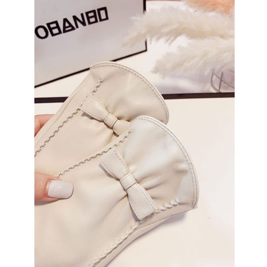 Sheepskin Gloves for Women, Winter Touchscreen Gloves, Autumn and Winter Korean Style, Cute Bowknot, Fleece-Lined, Warm, Cold-Proof, Driving, Motorcycle, Genuine Leather
