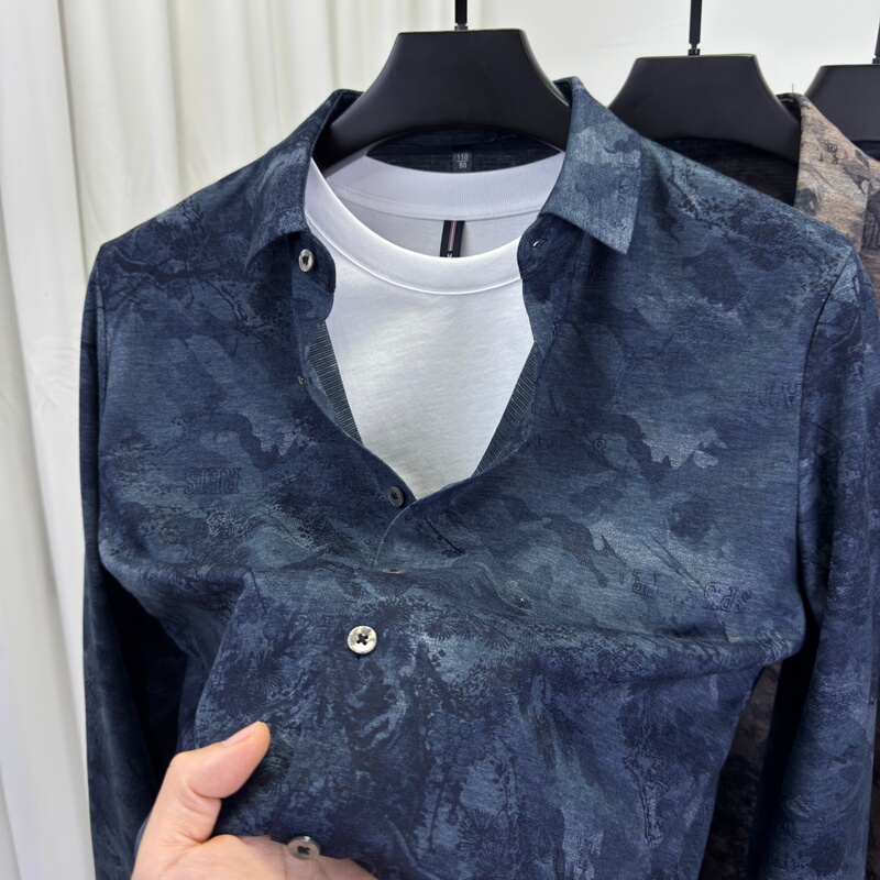 Men's Printed Long-Sleeve Shirt, Autumn 2026 New Style, New Chinese Retro Drape Ink Painting Floral Shirt, Trendy Men's Style
