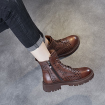 Hollowed-out Martin Boots Woman High Helps Cool Boots 2022 Summer New Breathable Bull Leather Dongle Shoes Ingléal Style Retro Short Boots