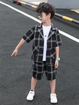 Boys summer suit three-piece set 2021 new childrens summer suit plaid net red fashionable Korean version of the tide childrens clothing