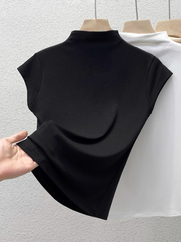 2026 Summer New Half-Turtleneck Short-Sleeve T-Shirt for Women, Slim-Fit Short Style for Petite Figures, French Style with Small Flutter Sleeves, Regular Shoulder Top 2026 Summer New Half-Turtleneck Short-Sleeve T-Shirt for Women, Slim-Fit Short Style for Petite Figures, French Style with Small Flutter Sleeves, Regular Shoulder Top
