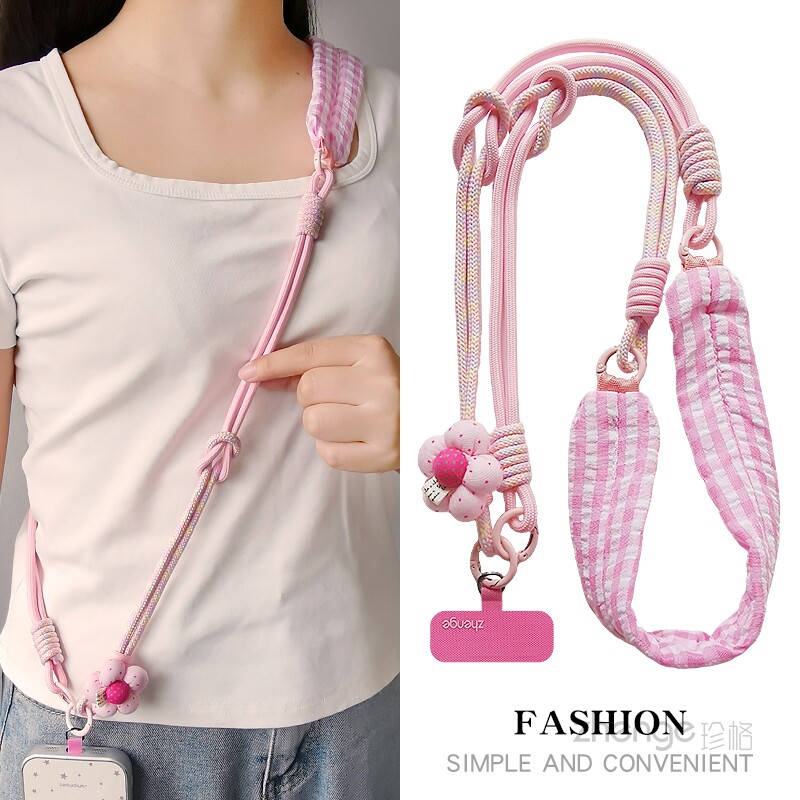 Adjustable plaid shoulder strap crossbody phone lanyard with 3D fabric flower accessory, versatile and anti-loss phone charm