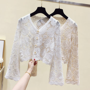 Hollow lace trumpet sleeve cardigan top women's long sleeve summer new loose short style thin short style clothes ແນວໂນ້ມເຄື່ອງນຸ່ງປ້ອງກັນແສງແດດ