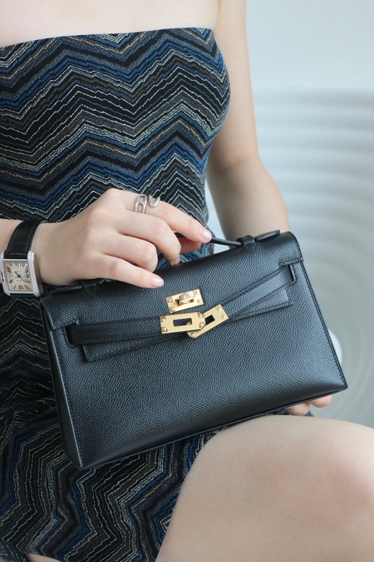 Fully Handmade Waxed Thread Kelly First-Generation Swift Calfskin Top-Grain Leather Mini Palm-Pattern Evening Clutch Bag for Women