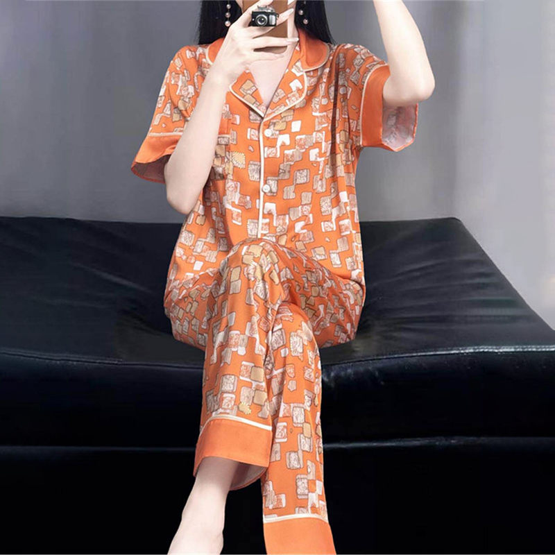 Japanese Gp Silk Pajamas for Women, Short-Sleeved Long Pants Set, Mulberry Silk Cardigan, High-End Printed Loungewear Gift Box