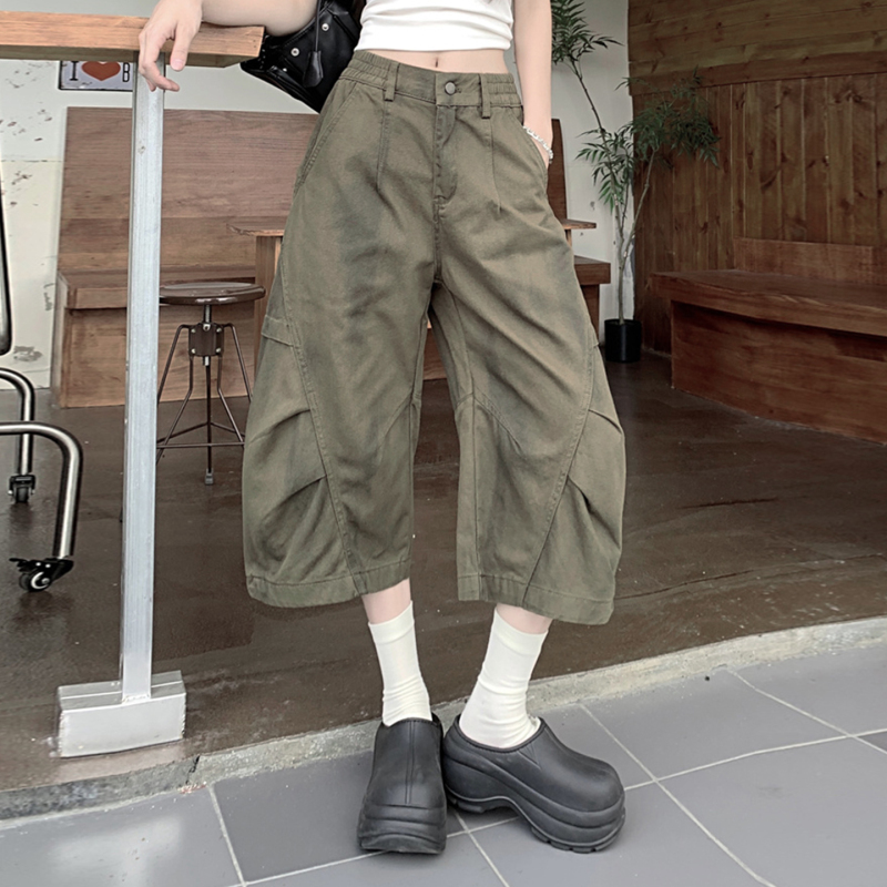 150kg Plus Size Women's Clothing American Retro Distressed Dirty-Dyed Workwear Capri Pants Women's Summer Pleated Capri Pants